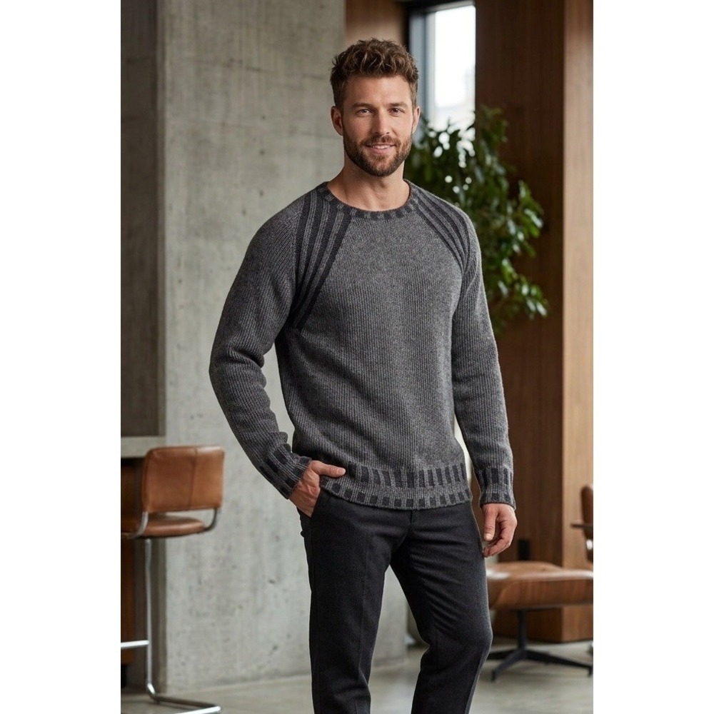 Herno Italy Men's Gray Ribbed Sweater IT 50 /M Wool Cashmere Geometric Shoulder